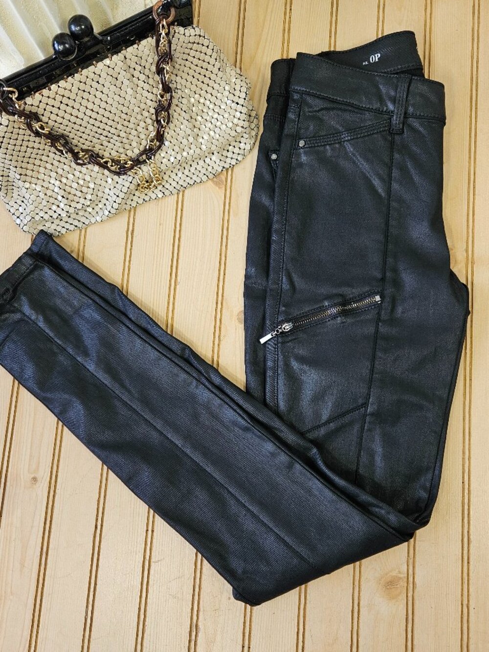 White House Black Market Size 0 Petite Faux Leather Coated Moto Skinny Pants